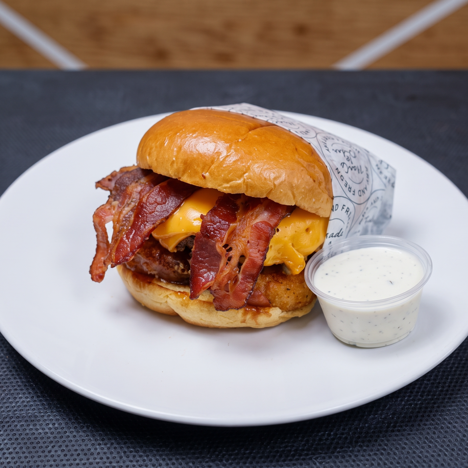 Bacon cheeseburger on a brioche bun with melted cheddar, served on a white plate with a cup of creamy dipping sauce.