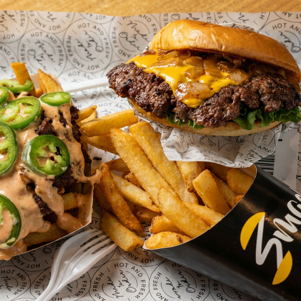 Cheeseburger with caramelized onions sits beside fries and loaded cheese-and-jalapeño fries on a paper-lined metal tray.