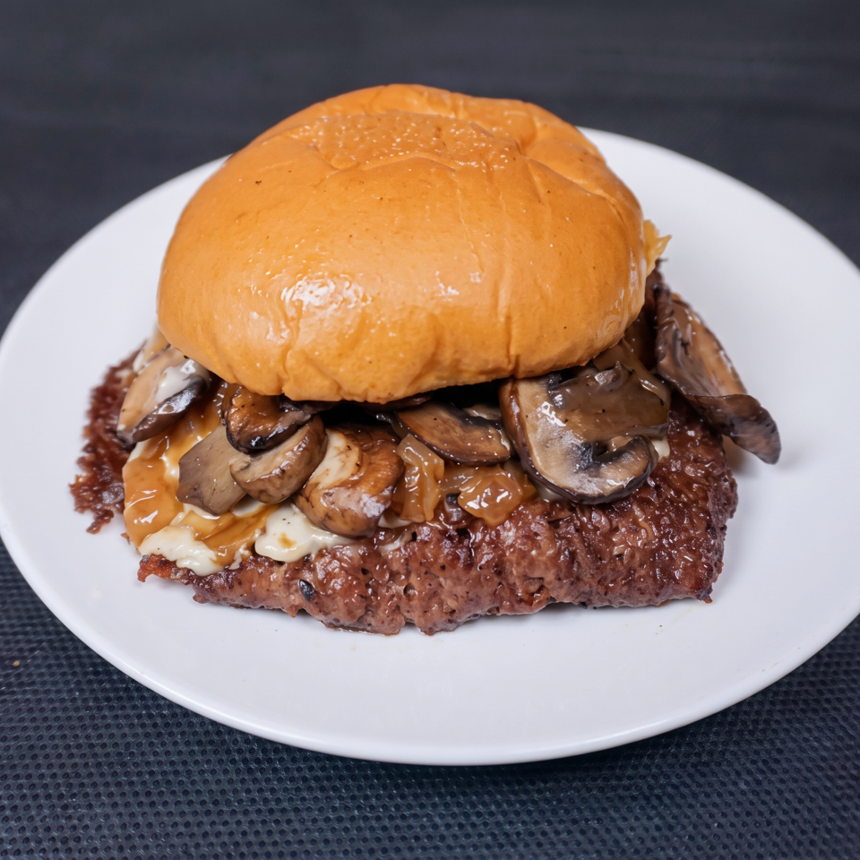 Gourmet burger topped with sautéed mushrooms, onions, sauce, and melted cheese on a white plate.