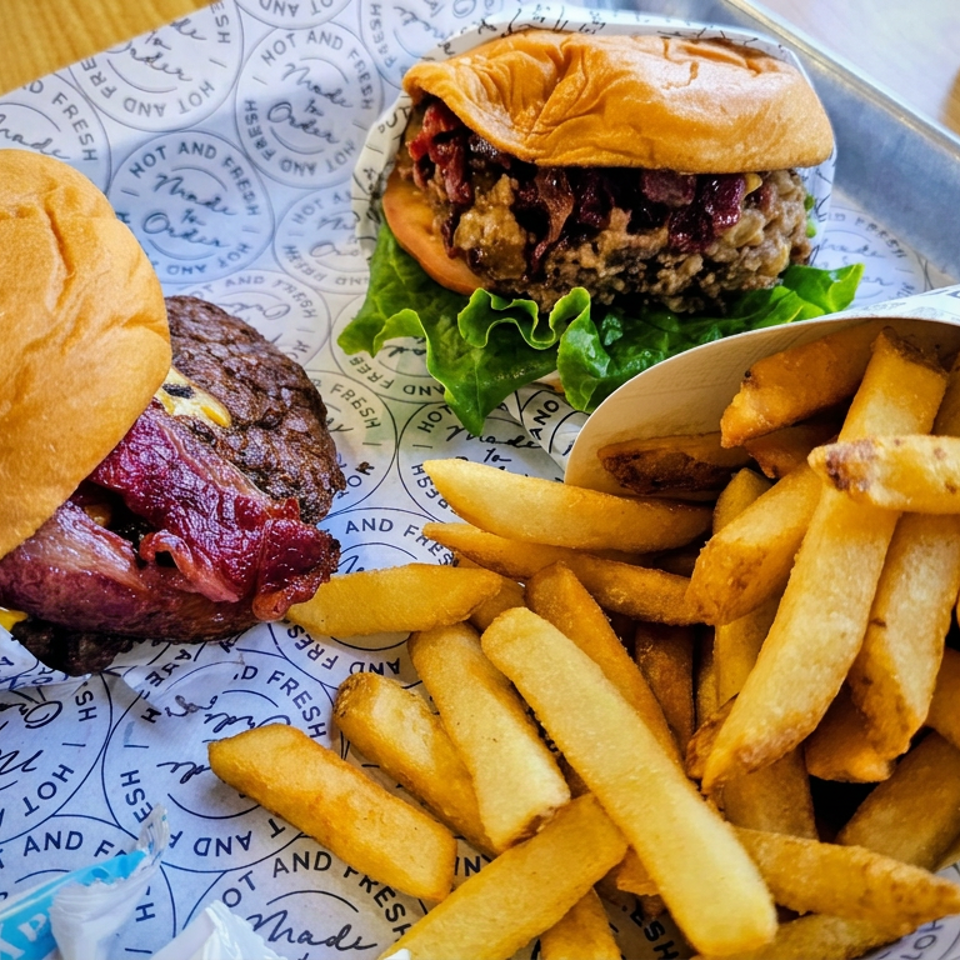 Two gourmet burgers with lettuce, bacon, and patties sit beside a paper cone of golden fries on a restaurant tray.