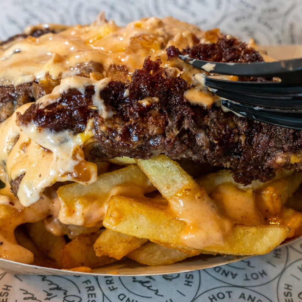 Loaded fries topped with a cheeseburger patty, melted cheese, crispy onions, sauce, and black plastic forks.