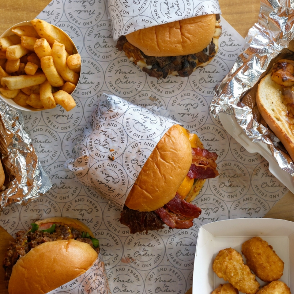 Overhead spread of loaded sandwiches, cheesesteak, fries, burgers, and chicken nuggets served on branded paper and foil.