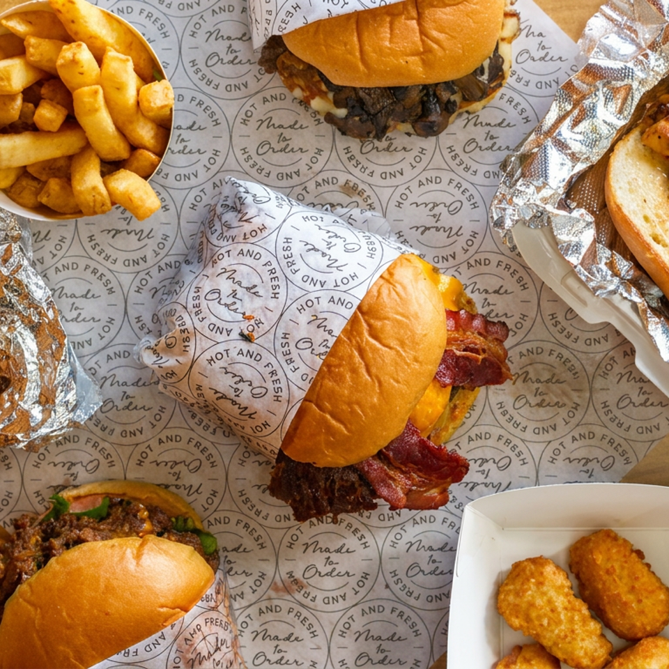 Assorted burgers, steak sandwiches, cheesy fries, and breaded bites arranged on branded paper and foil.